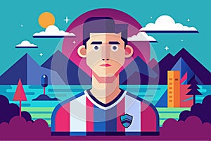 A man standing in front of a towering mountain, set against a clear sky, Metaverso Customizable Semi Flat Illustration photo