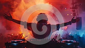 A man is standing in front of two DJ decks by AI generated image