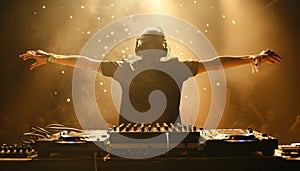 A man is standing in front of two DJ decks by AI generated image