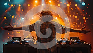 A man is standing in front of two DJ decks by AI generated image