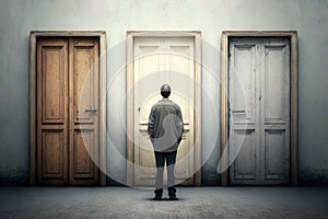 Man standing in front of vintage doors choosing right one, choice concept, generative AI