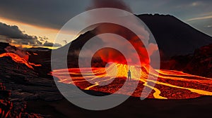 A man standing in front of a volcano at sunset