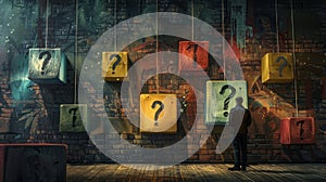 Man Standing in Front of Wall of Question Marks