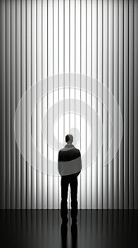 A man standing in front of a wall with vertical blinds. Generative AI image.