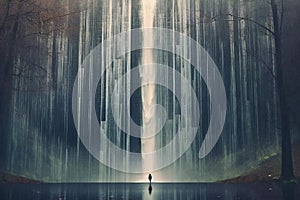 Man standing in front of waterfall in foggy forest,  Halloween concept