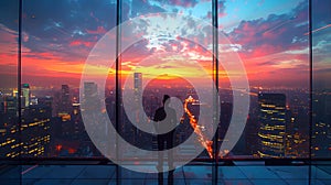 a man is standing in front of a window overlooking a city at sunset