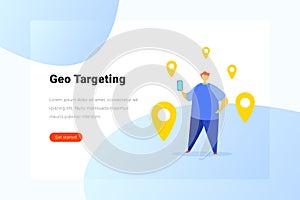 Man standing with Geo Target Points Flat vector illustration. Searching Geo Location concept. Landing Page design template