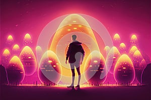 man standing on glowing eggs containing monstrous creatures, sci-fi concept
