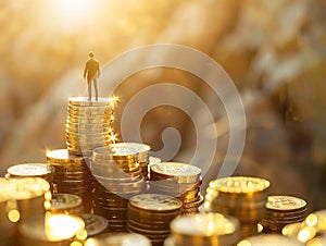 A man standing on gold coins, a striking still life photography display