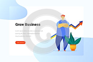 Man standing with Growing arrows Charts Flat vector illustration. Grow Business Landing Page design template