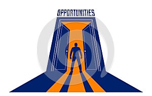 Man standing in half open big door hesitating to step in vector concept of new opportunities, step into future metaphor, debt