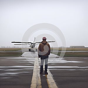 Man standing with his back on runway near private plane on road looking on airplane under grey sky in autumn