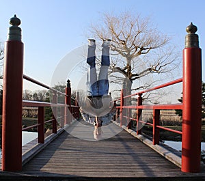 A Man Standing on his Head on a Japanese Bridge