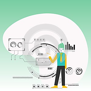 Man Standing Holding Pen and Pointing to Chart Diagram. Background is Filled with SEO Process and Cycle Icons. Creative