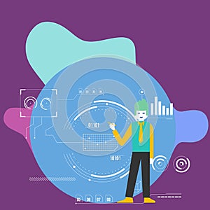 Man Standing Holding Pen and Pointing to Chart Diagram. Background is Filled with SEO Process and Cycle Icons. Creative