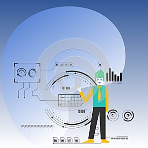 Man Standing Holding Pen and Pointing to Chart Diagram. Background is Filled with SEO Process and Cycle Icons. Creative