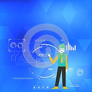 Man Standing Holding Pen and Pointing to Chart Diagram. Background is Filled with SEO Process and Cycle Icons. Creative
