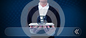 Man Standing Holding Tablet And Pressing On Search Bar. Business Man Carrying Pad Tapping Switch Showing New Futuristic