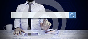 Man Standing Holding Tablet And Pressing On Search Bar. Business Man Carrying Pad Tapping Switch Showing New Futuristic