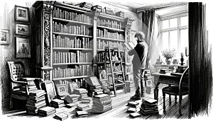 Man Standing in a Home Library Surrounded by Books