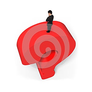 Man standing on huge 3D red question mark white background