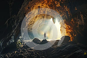 Man Standing in Cave Looking at Light