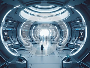 A man standing inside of a futuristic space station. Generative AI image.