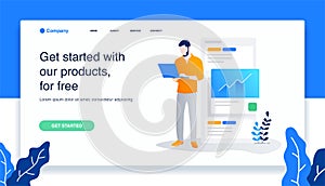 Man standing with laptop in hands programmer. landing page illustration