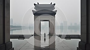 A man standing on a large chinese architecture gate misty fogy, lake and city at the background