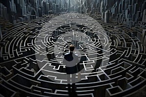 Man standing in maze looking at the camera with city in the background. Generative AI