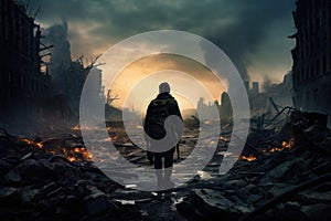 Man standing in the middle of a burnt city after a fire, Lone soldier walking in destroyed city, AI Generated