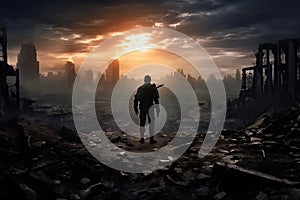 Man standing in the middle of a destroyed city with his back to the camera, Lone soldier walking in destroyed city, AI Generated