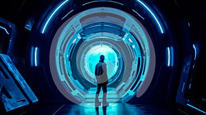 Man standing in the middle of futuristic tunnel. Generative AI