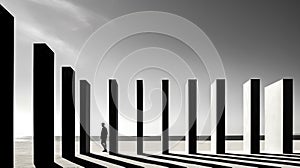 Man is standing in the middle of row of tall pillars in black and white photo. Generative AI