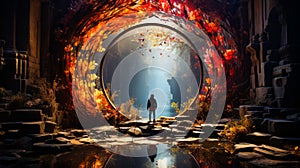 Man standing in the middle of tunnel of fire. Generative AI