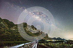 A man standing among milky way and mountain, Thailand