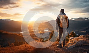 Man Standing on Mountain Peak, Gazing at Beautiful Sunset