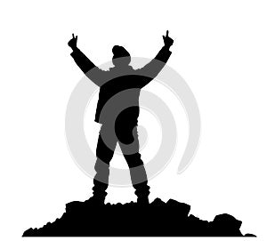 Man Standing in Mountain with raising hand, successful concept, business