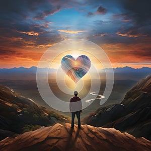 A man standing on a mountain top watching a colorful heart against the backdrop of the setting sun. Heart as a symbol of affe