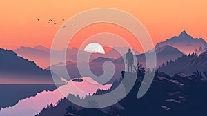 Man Standing on Mountaintop at Sunset in Graphic Design Style