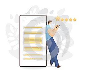 Man standing near by cell phone, smartphone, giving feedback for servise or product. Flat modern illustration, customer