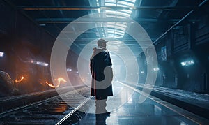 A man standing on a platform next to a train with volumetric lighting and fog in futuristic train station. AI generated, AI