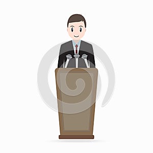 Man standing with podium and microphones icon