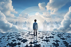 A man standing on a puzzle piece with clouds in the background, AI