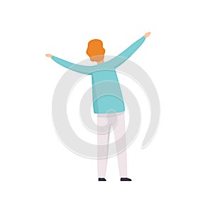 Man Standing with Raised Hands at Open Air Festival, Back View, Outdoor Summer Concert Vector Illustration