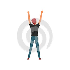 Man Standing with Raising Hands at Open Air Concert, Rock Fest, Outdoor Summer Music Festival, View From the Back Vector