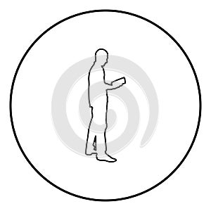 Man standing reading Silhouette concept learing document icon black color illustration in circle round