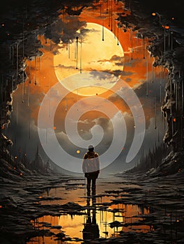 Man in post apocalyptic landscape