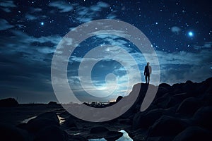 Man standing on a rock and looking at the night starry sky, silhouette of a person on rocks looking at the night sky with vialla