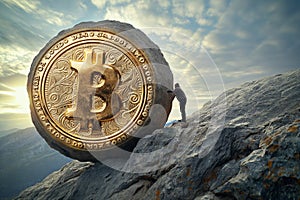 Man Standing on Rock Next to Golden Bitcoin